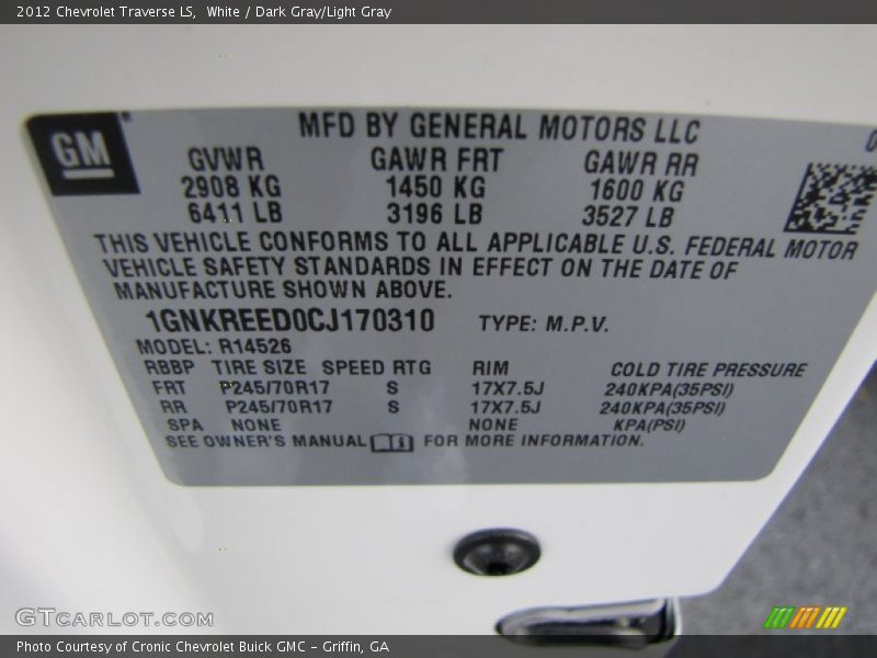 White / Dark Gray/Light Gray 2012 Chevrolet Traverse LS
