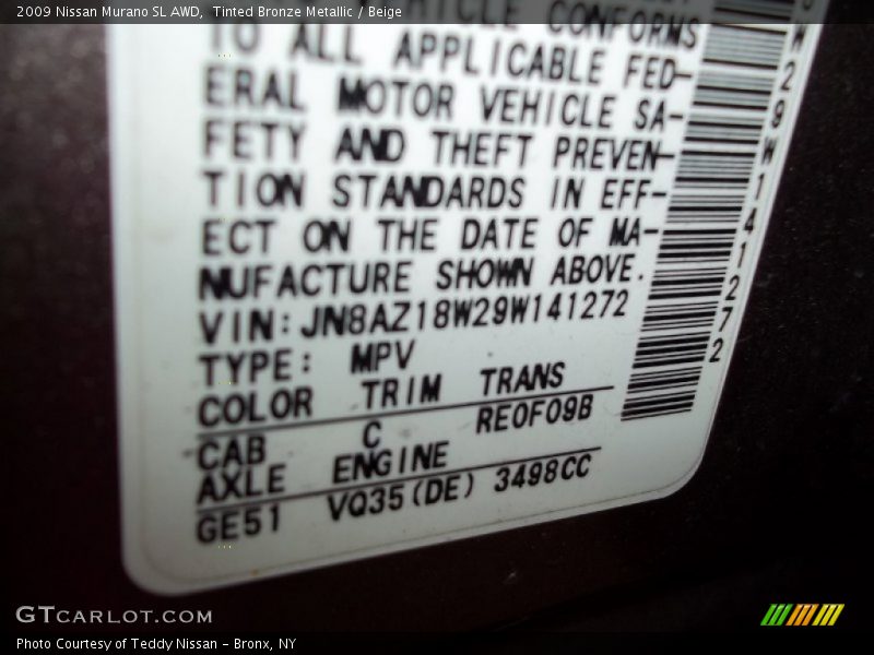 Tinted Bronze Metallic / Beige 2009 Nissan Murano SL AWD