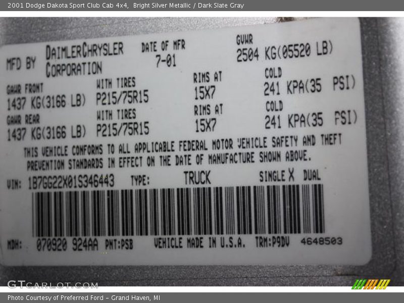 2001 Dakota Sport Club Cab 4x4 Bright Silver Metallic Color Code PSB