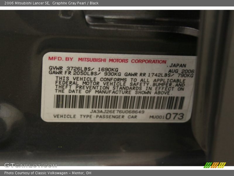 Graphite Gray Pearl / Black 2006 Mitsubishi Lancer SE