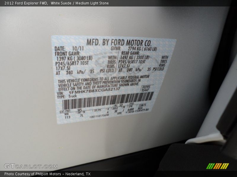 2012 Explorer FWD White Suede Color Code WS