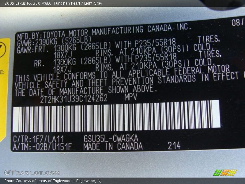 Tungsten Pearl / Light Gray 2009 Lexus RX 350 AWD