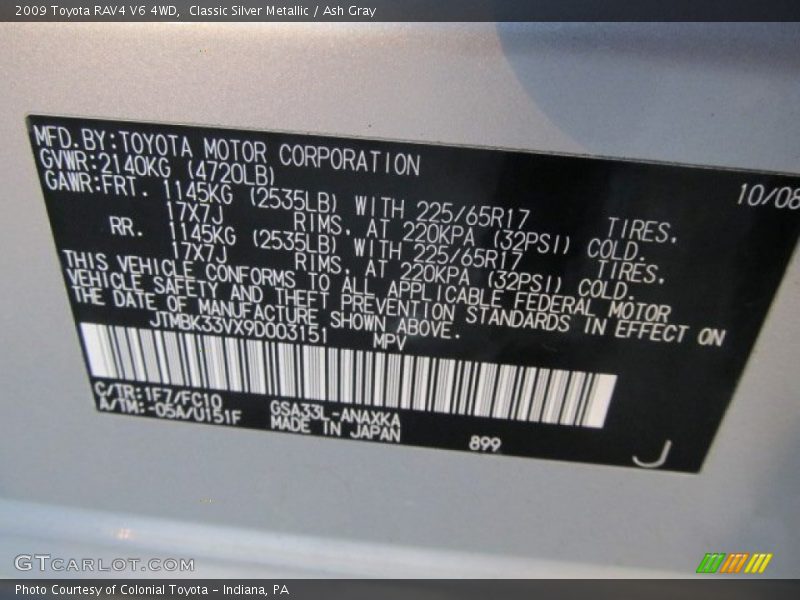 2009 RAV4 V6 4WD Classic Silver Metallic Color Code 1F7