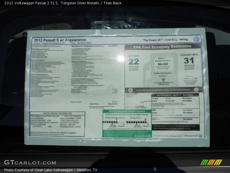  2012 Passat 2.5L S Window Sticker
