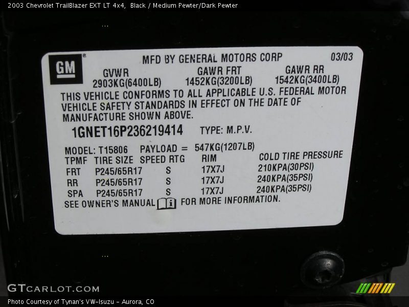 Black / Medium Pewter/Dark Pewter 2003 Chevrolet TrailBlazer EXT LT 4x4