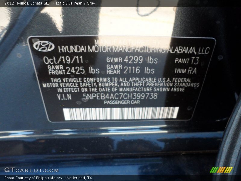 Pacific Blue Pearl / Gray 2012 Hyundai Sonata GLS