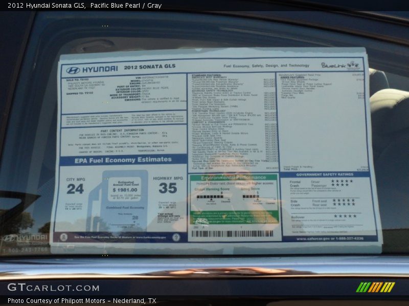 Pacific Blue Pearl / Gray 2012 Hyundai Sonata GLS