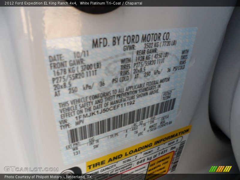 2012 Expedition EL King Ranch 4x4 White Platinum Tri-Coat Color Code UG