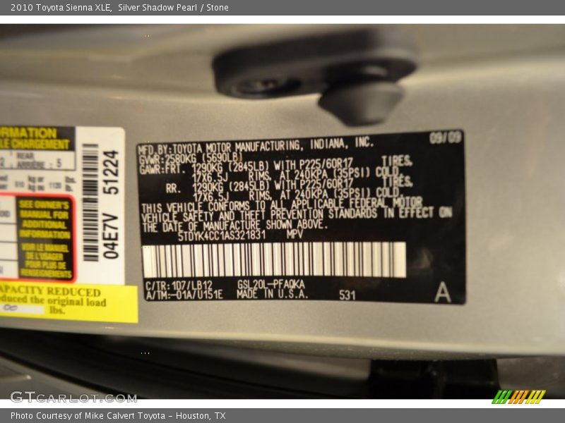 2010 Sienna XLE Silver Shadow Pearl Color Code 1D7