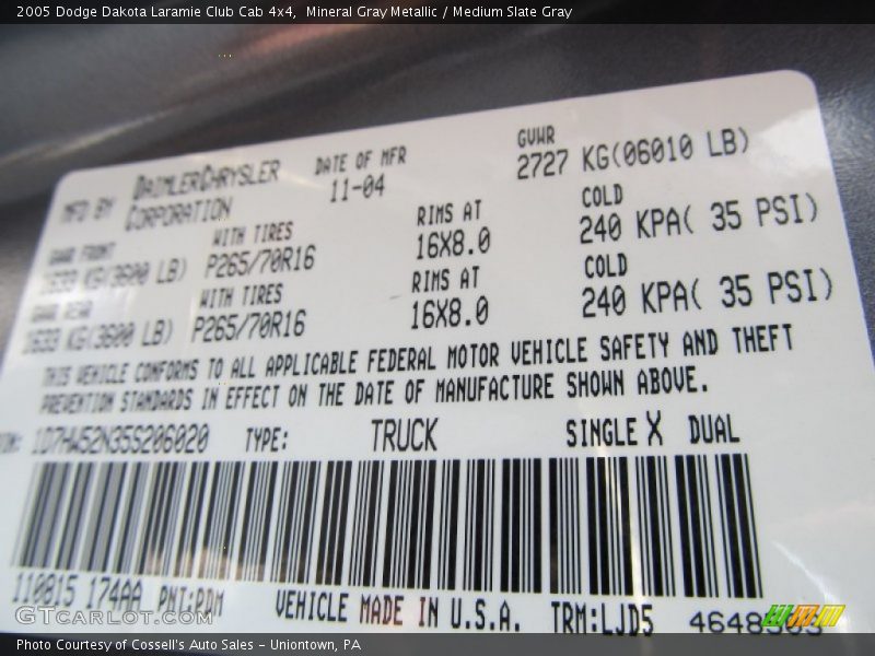 2005 Dakota Laramie Club Cab 4x4 Mineral Gray Metallic Color Code PDM