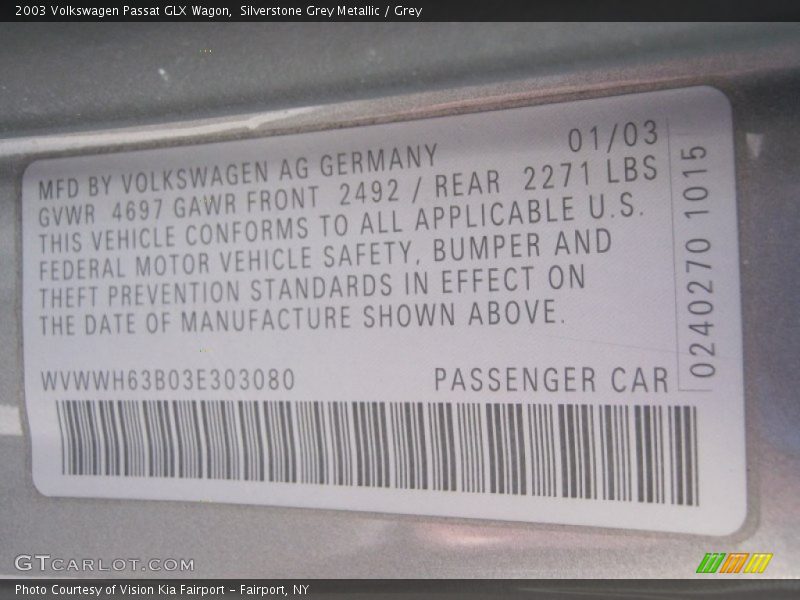 Silverstone Grey Metallic / Grey 2003 Volkswagen Passat GLX Wagon