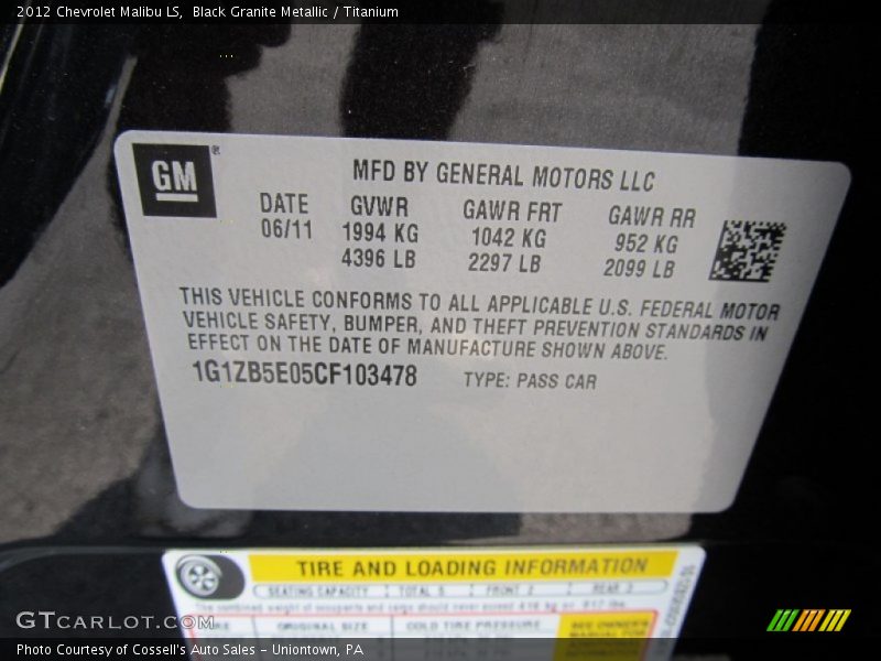 Black Granite Metallic / Titanium 2012 Chevrolet Malibu LS