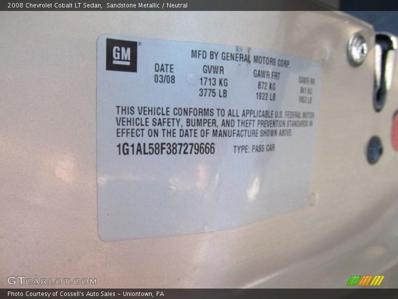 Sandstone Metallic / Neutral 2008 Chevrolet Cobalt LT Sedan