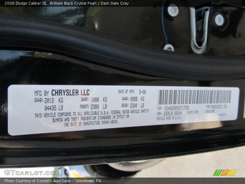 Brilliant Black Crystal Pearl / Dark Slate Gray 2008 Dodge Caliber SE