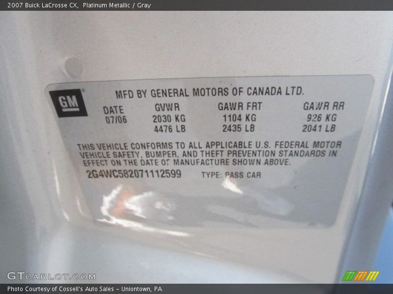 Platinum Metallic / Gray 2007 Buick LaCrosse CX