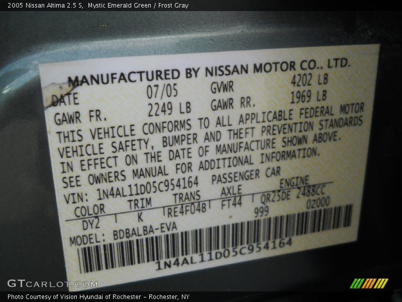 Mystic Emerald Green / Frost Gray 2005 Nissan Altima 2.5 S