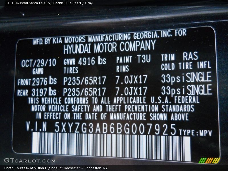 2011 Santa Fe GLS Pacific Blue Pearl Color Code T3U