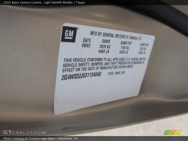Light Sandrift Metallic / Taupe 2003 Buick Century Custom