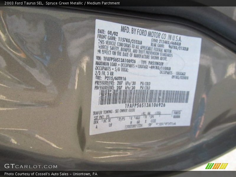Spruce Green Metallic / Medium Parchment 2003 Ford Taurus SEL