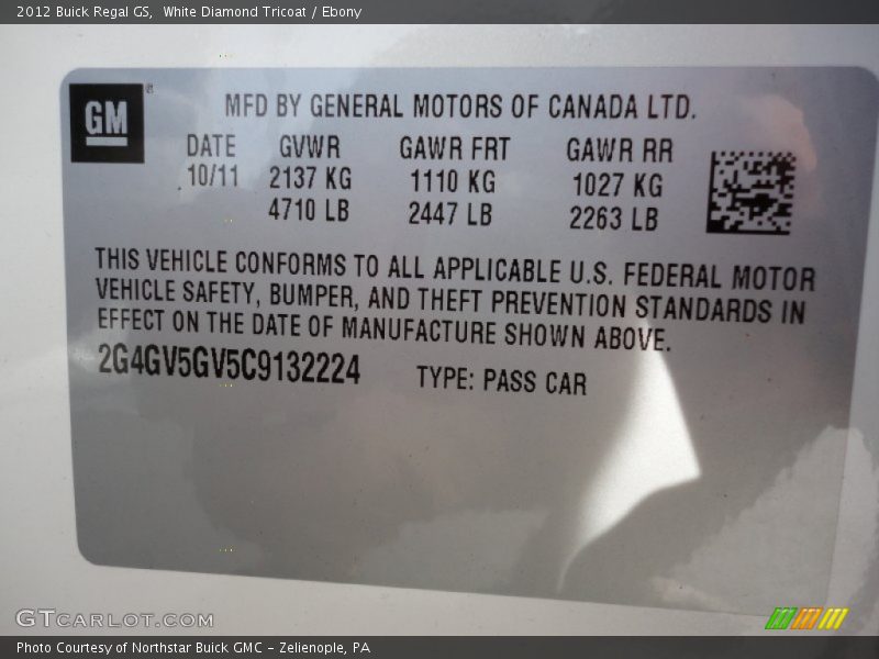 Info Tag of 2012 Regal GS