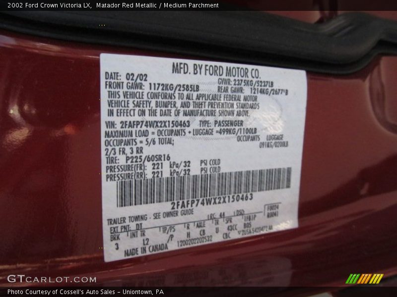 2002 Crown Victoria LX Matador Red Metallic Color Code DT