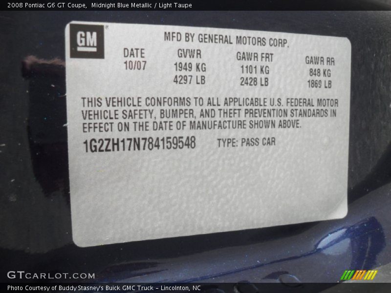 Midnight Blue Metallic / Light Taupe 2008 Pontiac G6 GT Coupe