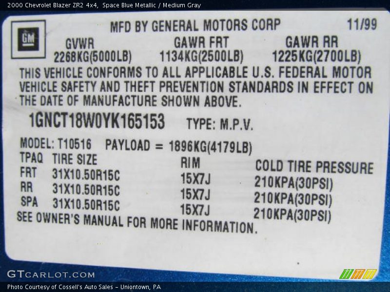 Info Tag of 2000 Blazer ZR2 4x4