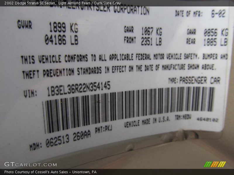 2002 Stratus SE Sedan Light Almond Pearl Color Code PKJ