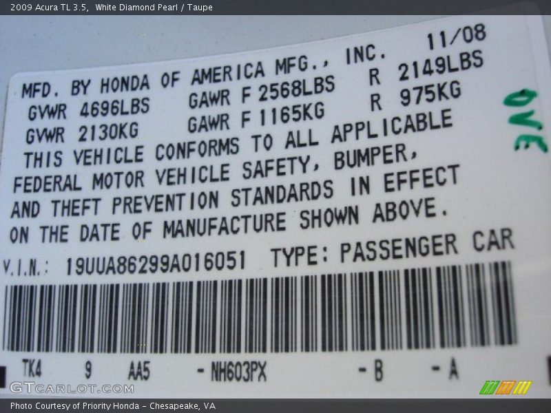 White Diamond Pearl / Taupe 2009 Acura TL 3.5