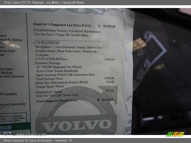  2012 C70 T5 Platinum Window Sticker