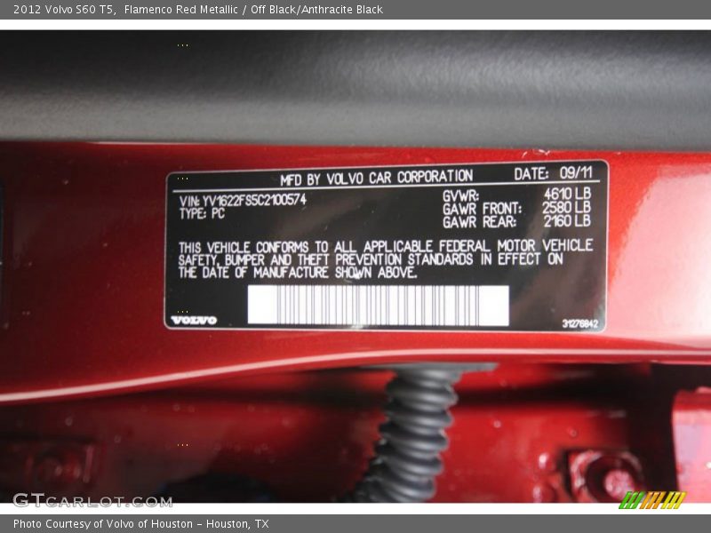Flamenco Red Metallic / Off Black/Anthracite Black 2012 Volvo S60 T5