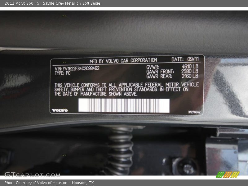 Saville Grey Metallic / Soft Beige 2012 Volvo S60 T5
