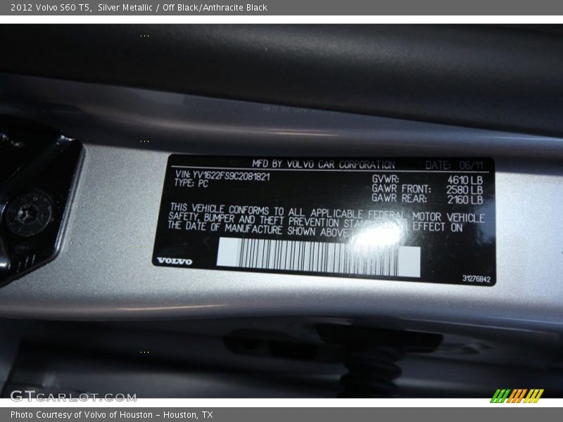 Silver Metallic / Off Black/Anthracite Black 2012 Volvo S60 T5