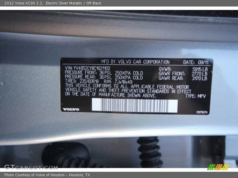 Electric Silver Metallic / Off Black 2012 Volvo XC90 3.2