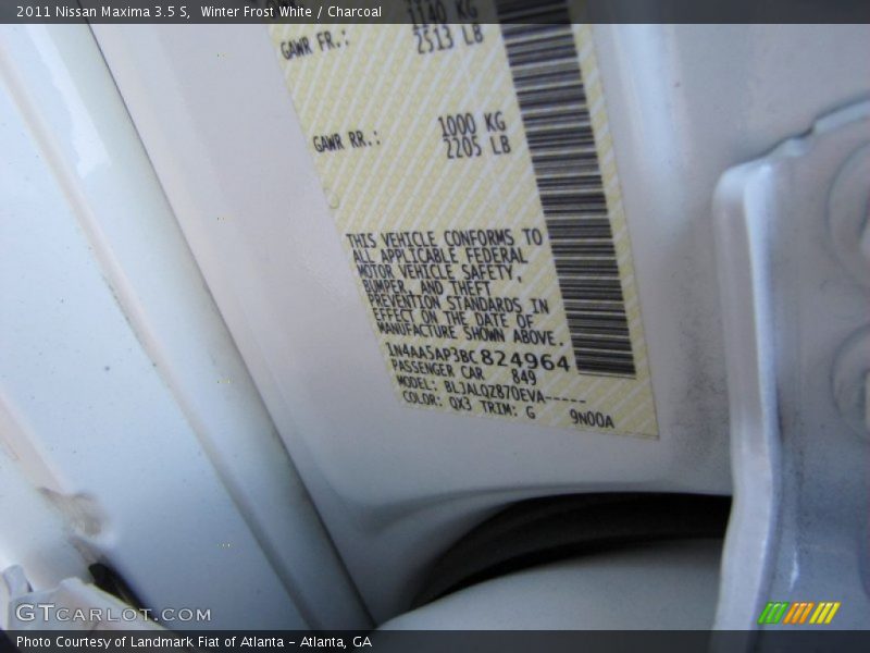 Winter Frost White / Charcoal 2011 Nissan Maxima 3.5 S