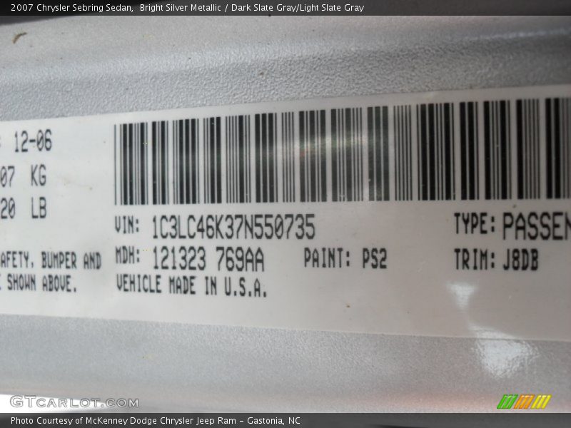 Bright Silver Metallic / Dark Slate Gray/Light Slate Gray 2007 Chrysler Sebring Sedan