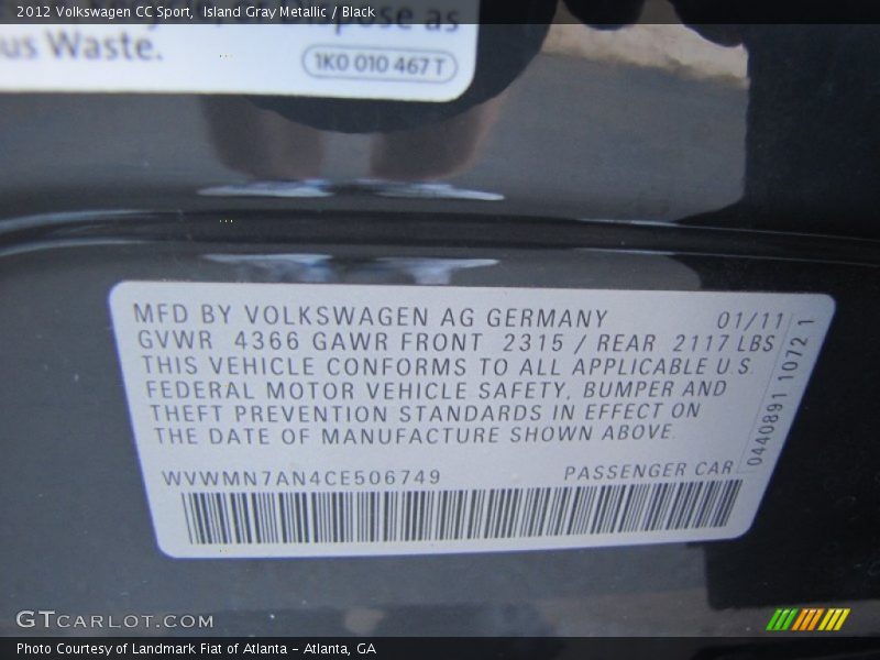 Island Gray Metallic / Black 2012 Volkswagen CC Sport