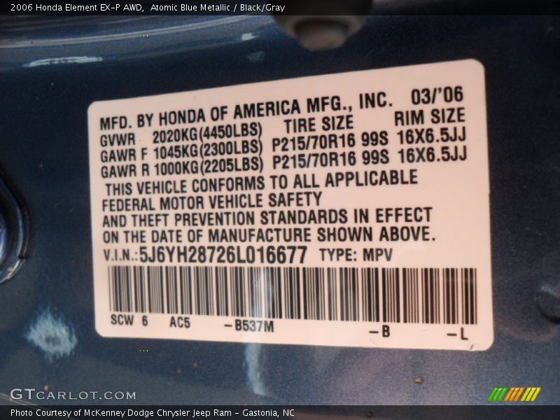 Atomic Blue Metallic / Black/Gray 2006 Honda Element EX-P AWD