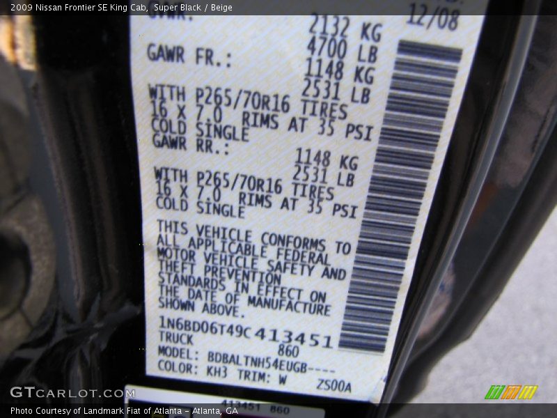 2009 Frontier SE King Cab Super Black Color Code KH3