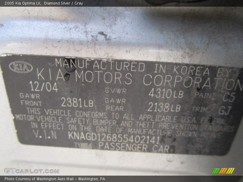 2005 Optima LX Diamond Silver Color Code C5
