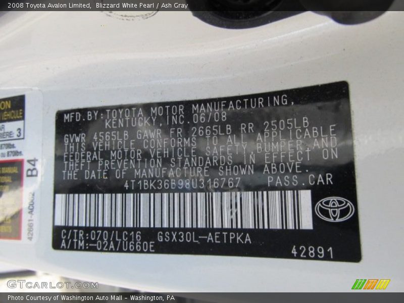 Blizzard White Pearl / Ash Gray 2008 Toyota Avalon Limited