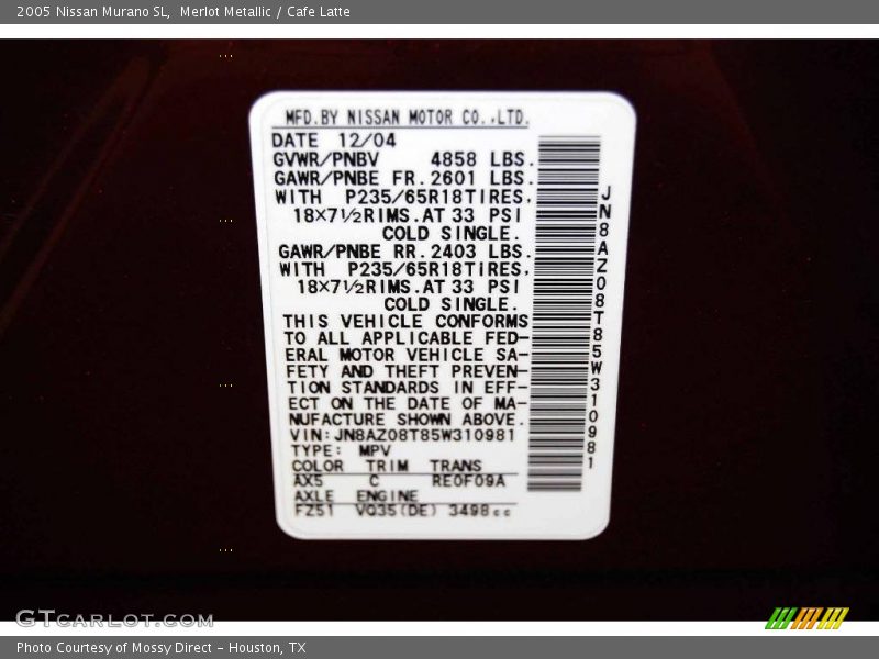 Merlot Metallic / Cafe Latte 2005 Nissan Murano SL