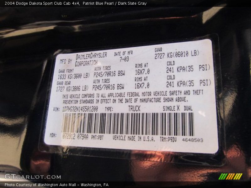 2004 Dakota Sport Club Cab 4x4 Patriot Blue Pearl Color Code PBT