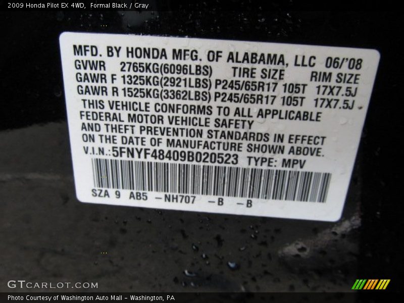 Formal Black / Gray 2009 Honda Pilot EX 4WD