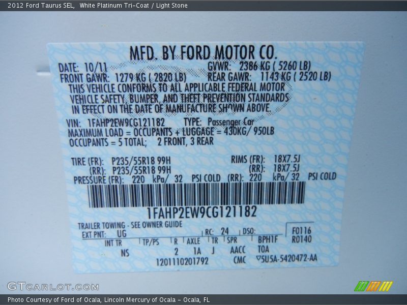 2012 Taurus SEL White Platinum Tri-Coat Color Code UG