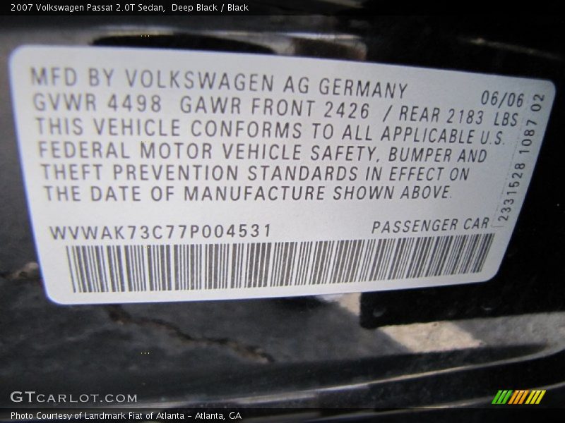 Deep Black / Black 2007 Volkswagen Passat 2.0T Sedan