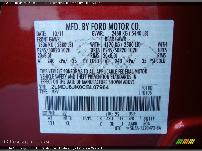 2012 MKX FWD Red Candy Metallic Color Code RZ