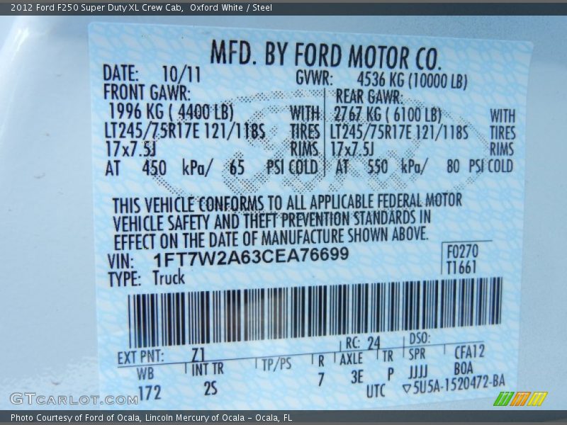 2012 F250 Super Duty XL Crew Cab Oxford White Color Code Z1