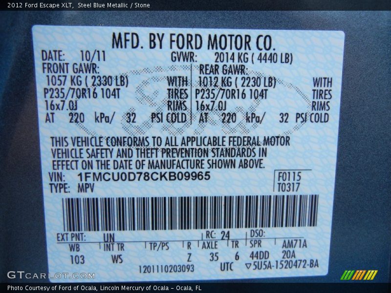 2012 Escape XLT Steel Blue Metallic Color Code UN