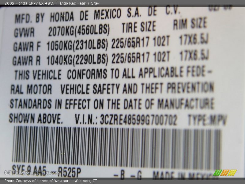 2009 CR-V EX 4WD Tango Red Pearl Color Code R525P